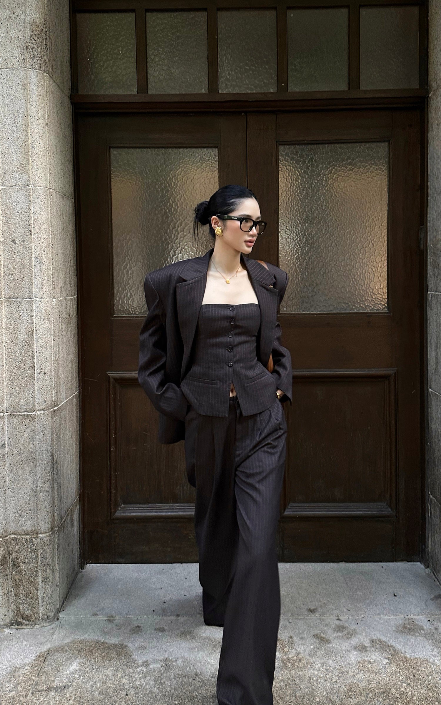 ROVENTE Tailored Pinstripe Suit Set with Blazer Corset & Wide Leg Pant   PINKPARKS