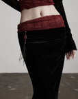 DOINDULGE Draped Velvet Skirt with Sheer Red Waist Detail