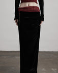 DOINDULGE Draped Velvet Skirt with Sheer Red Waist Detail
