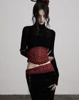 DOINDULGE Sheer Velvet Long Sleeve Top with Contrast Red Panel