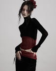 DOINDULGE Sheer Velvet Long Sleeve Top with Contrast Red Panel