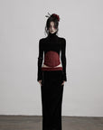 DOINDULGE Sheer Velvet Long Sleeve Top with Contrast Red Panel