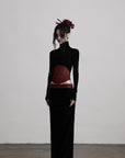 DOINDULGE Draped Velvet Skirt with Sheer Red Waist Detail