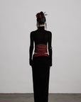 DOINDULGE Sheer Velvet Long Sleeve Top with Contrast Red Panel