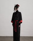 DOINDULGE Kimono Sleeve Wrap Coat with Red Contrast Cuffs and Long Tie