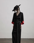 DOINDULGE Kimono Sleeve Wrap Coat with Red Contrast Cuffs and Long Tie