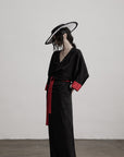 DOINDULGE Kimono Sleeve Wrap Coat with Red Contrast Cuffs and Long Tie