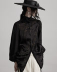 DOINDULGE Textured Jacquard Shirt with High Collar and Ruched Hem