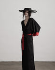 DOINDULGE Kimono Sleeve Wrap Coat with Red Contrast Cuffs and Long Tie