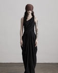 DOINDULGE Asymmetric Draped Maxi Dress with Textured Fabric and Wooden Bead Detail