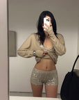 ROVENTE Deep V Knit Top with Sequin Bra and Shorts Set