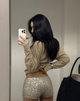 ROVENTE Deep V Knit Top with Sequin Bra and Shorts Set