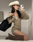 ROVENTE Deep V Knit Top with Sequin Bra and Shorts Set