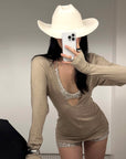 ROVENTE Deep V Knit Top with Sequin Bra and Shorts Set