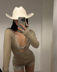 ROVENTE Deep V Knit Top with Sequin Bra and Shorts Set