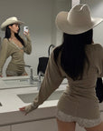 ROVENTE Deep V Knit Top with Sequin Bra and Shorts Set
