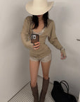 ROVENTE Deep V Knit Top with Sequin Bra and Shorts Set