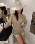 ROVENTE Deep V Knit Top with Sequin Bra and Shorts Set