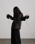 DOINDULGE Asymmetric Textured Shirt with Drawstring Sleeves and Red Accents