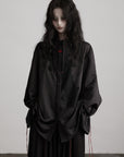 DOINDULGE Asymmetric Textured Shirt with Drawstring Sleeves and Red Accents