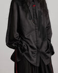 DOINDULGE Asymmetric Textured Shirt with Drawstring Sleeves and Red Accents