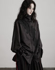 DOINDULGE Asymmetric Textured Shirt with Drawstring Sleeves and Red Accents