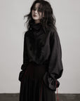DOINDULGE Asymmetric Textured Shirt with Drawstring Sleeves and Red Accents
