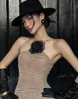 ROVENTE Ruched Mesh Maxi Dress with Detachable Floral Brooch and Flowing Hem