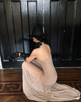 ROVENTE Ruched Mesh Maxi Dress with Detachable Floral Brooch and Flowing Hem