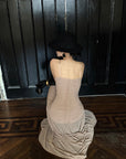 ROVENTE Ruched Mesh Maxi Dress with Detachable Floral Brooch and Flowing Hem