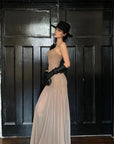 ROVENTE Ruched Mesh Maxi Dress with Detachable Floral Brooch and Flowing Hem