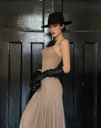 ROVENTE Ruched Mesh Maxi Dress with Detachable Floral Brooch and Flowing Hem