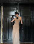 ROVENTE Ruched Mesh Maxi Dress with Detachable Floral Brooch and Flowing Hem