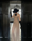ROVENTE Ruched Mesh Maxi Dress with Detachable Floral Brooch and Flowing Hem