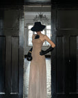ROVENTE Ruched Mesh Maxi Dress with Detachable Floral Brooch and Flowing Hem
