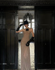 ROVENTE Ruched Mesh Maxi Dress with Detachable Floral Brooch and Flowing Hem