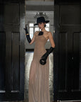ROVENTE Ruched Mesh Maxi Dress with Detachable Floral Brooch and Flowing Hem