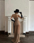 ROVENTE Ruched Mesh Maxi Dress with Detachable Floral Brooch and Flowing Hem