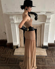 ROVENTE Ruched Mesh Maxi Dress with Detachable Floral Brooch and Flowing Hem