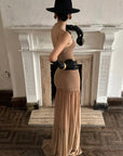 ROVENTE Ruched Mesh Maxi Dress with Detachable Floral Brooch and Flowing Hem