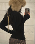 ROVENTE Deep V Black Top with Leopard Bra and Leopard Print Shorts Set