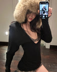 ROVENTE Deep V Black Top with Leopard Bra and Leopard Print Shorts Set