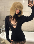 ROVENTE Deep V Black Top with Leopard Bra and Leopard Print Shorts Set