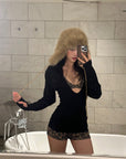 ROVENTE Deep V Black Top with Leopard Bra and Leopard Print Shorts Set