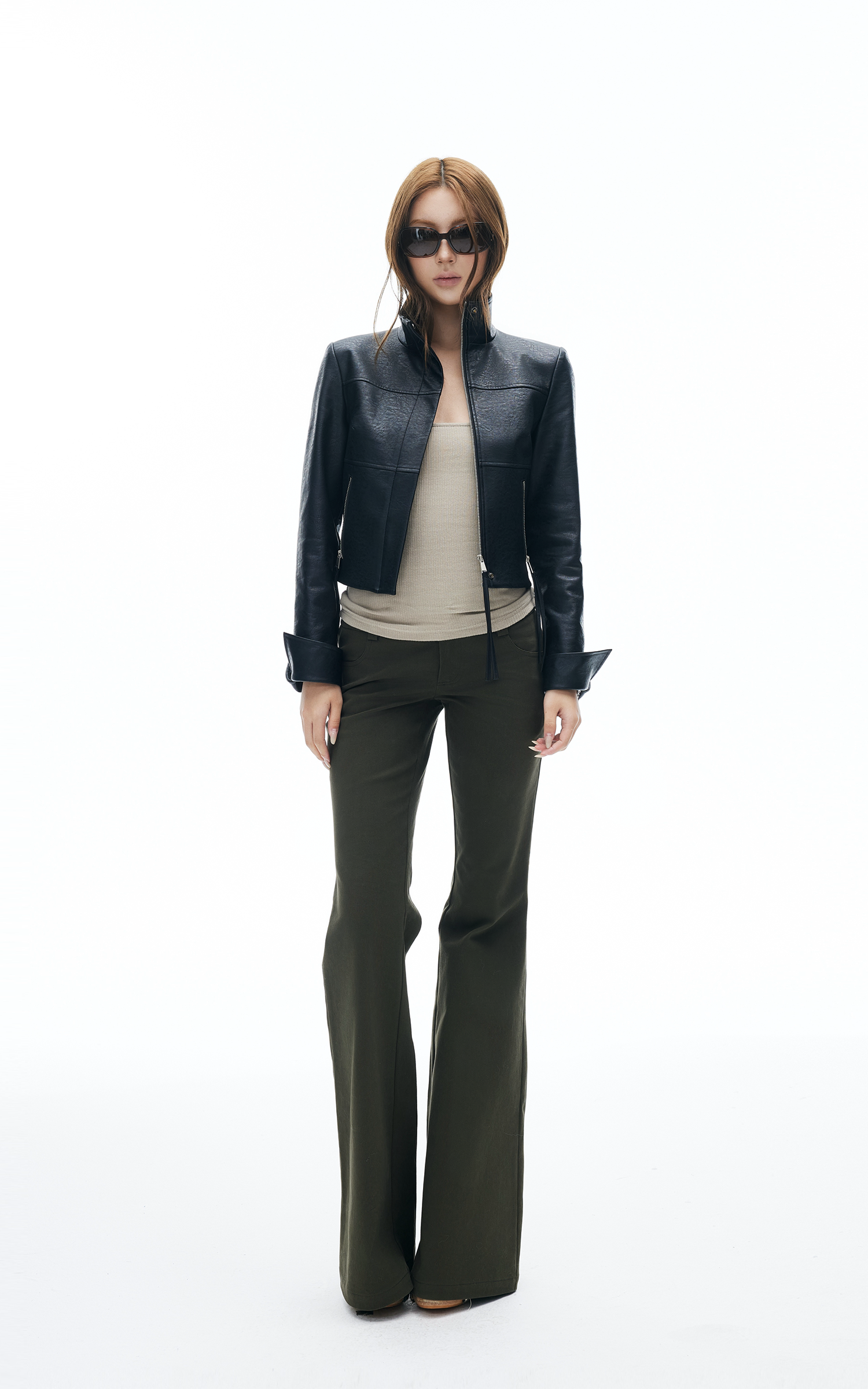 IAMXIAA Flared Casual Pants with Double Button Waist in Olive Green