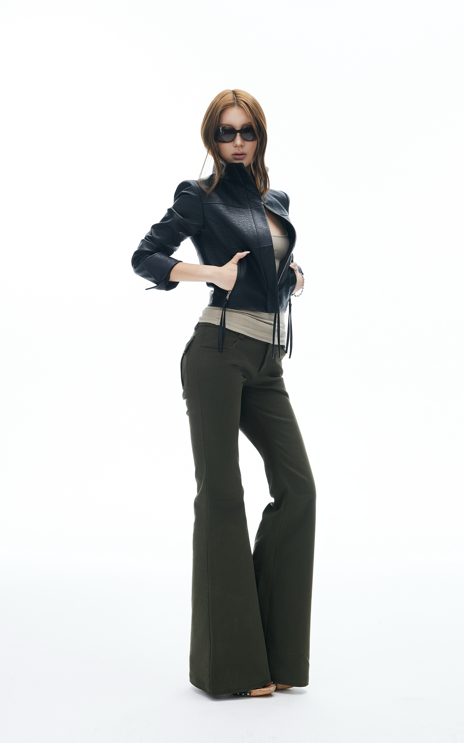 IAMXIAA Flared Casual Pants with Double Button Waist in Olive Green