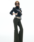 IAMXIAA Flared Casual Pants with Double Button Waist in Olive Green