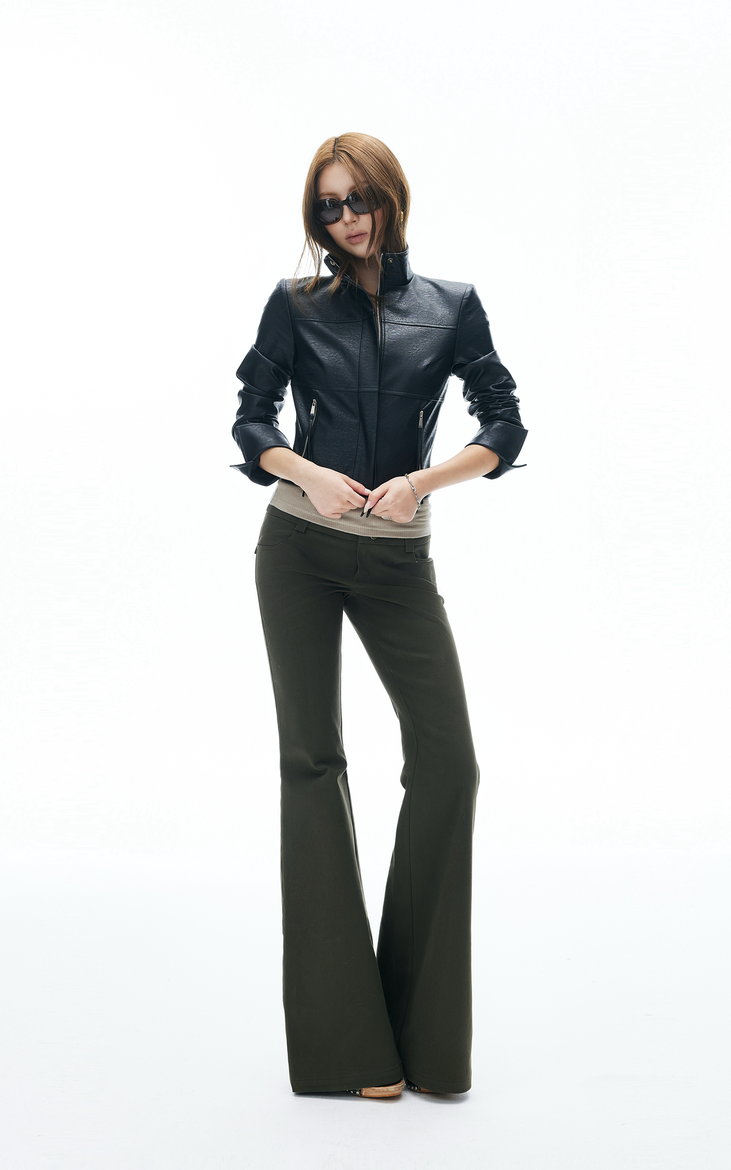 IAMXIAA Flared Casual Pants with Double Button Waist in Olive Green