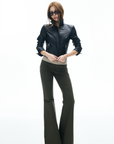 IAMXIAA Flared Casual Pants with Double Button Waist in Olive Green