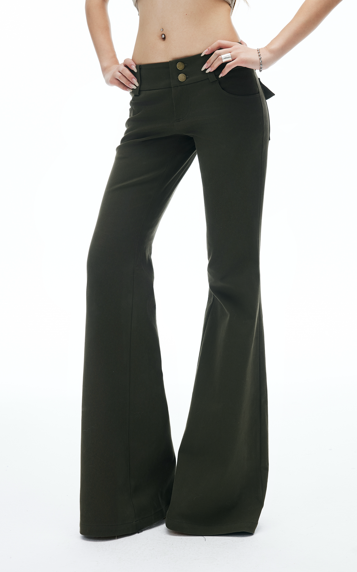 IAMXIAA Flared Casual Pants with Double Button Waist in Olive Green
